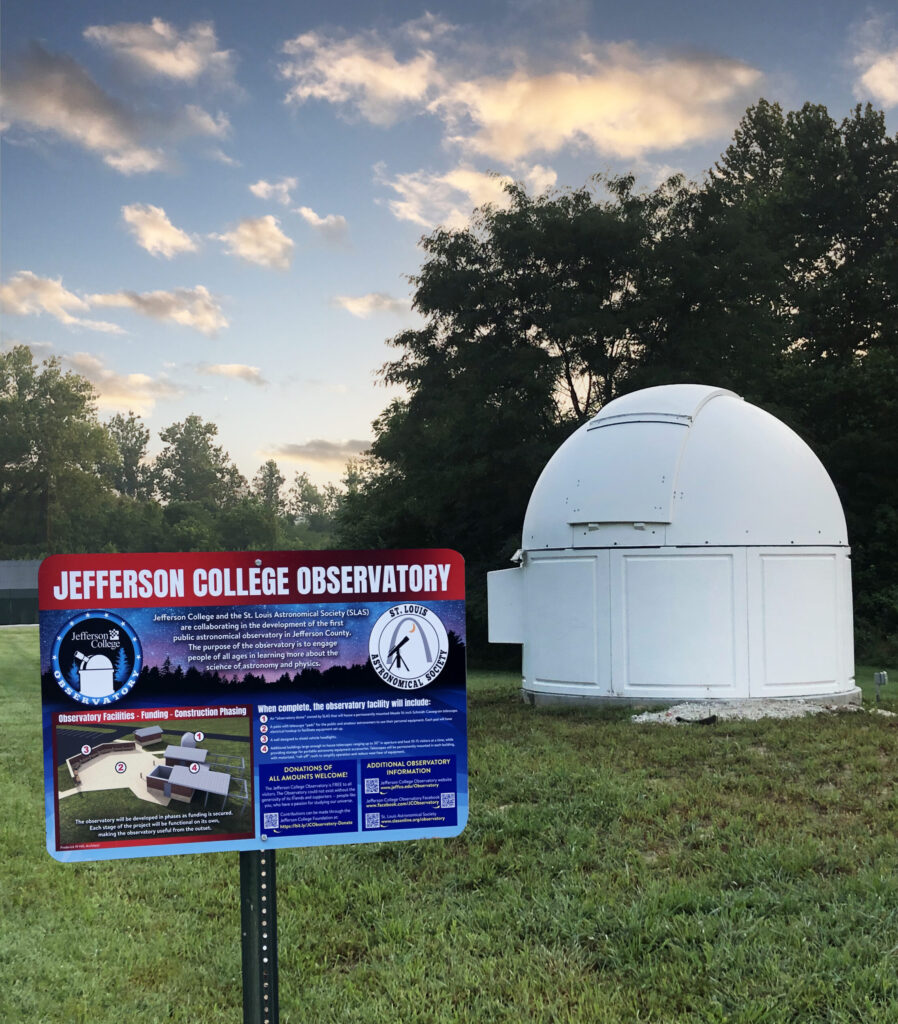 Jefferson College's Observatory, including a descriptive sign containing details about the location's history.